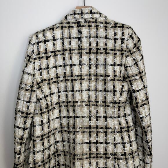 Zara Women Taupe Brown Lapel Collar Longline Textured Plaid Blazer Medium - Picture 6 of 16